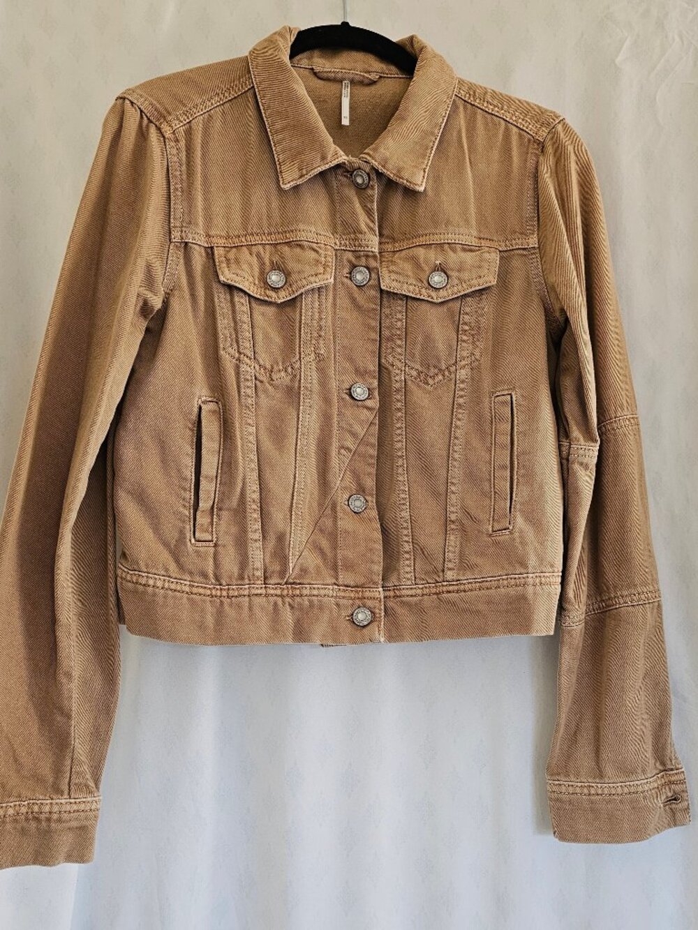 Free People Cropped Denim Jacket Tan Khaki XS